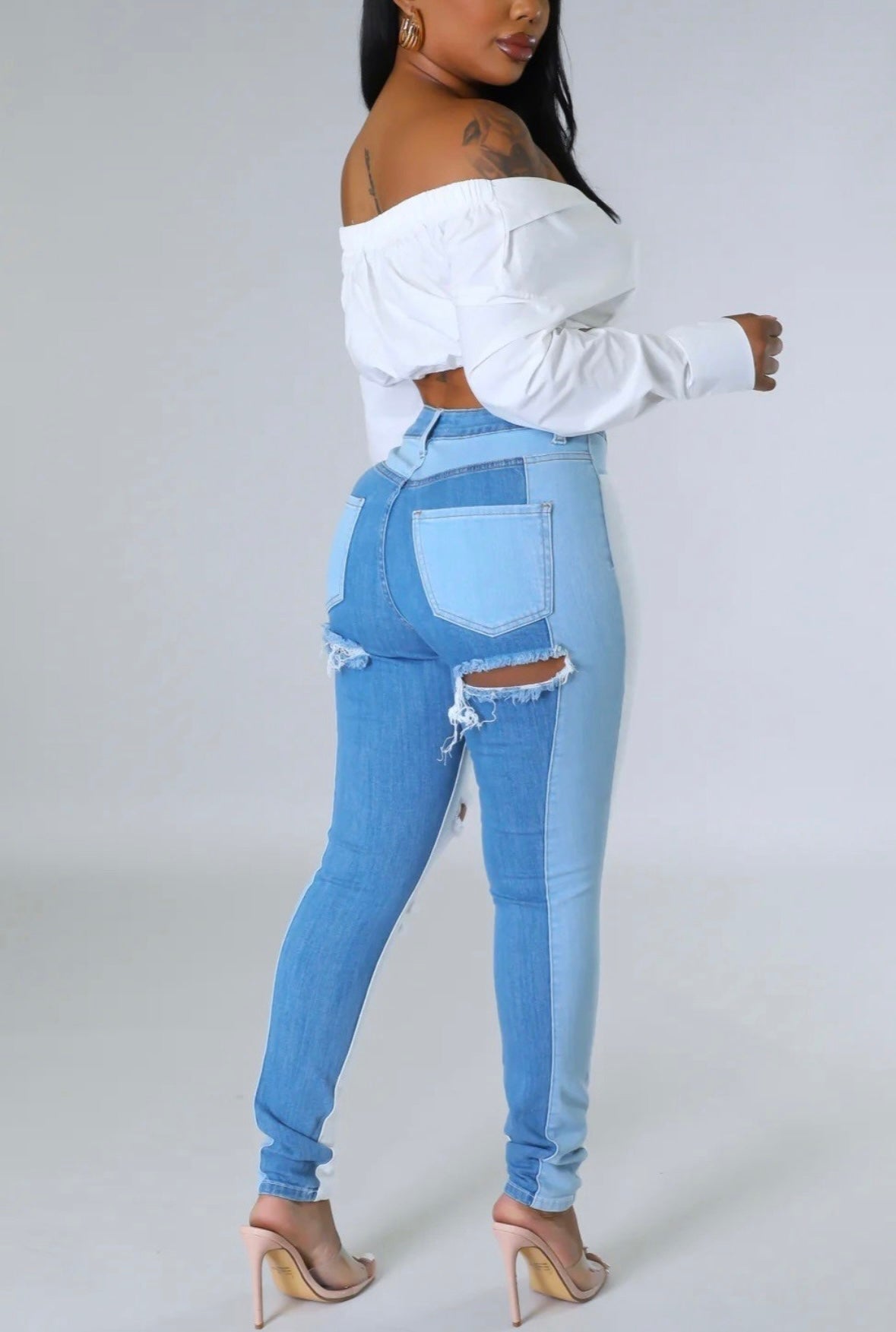 Color Block Denim Skinny Jeans - She Rare
