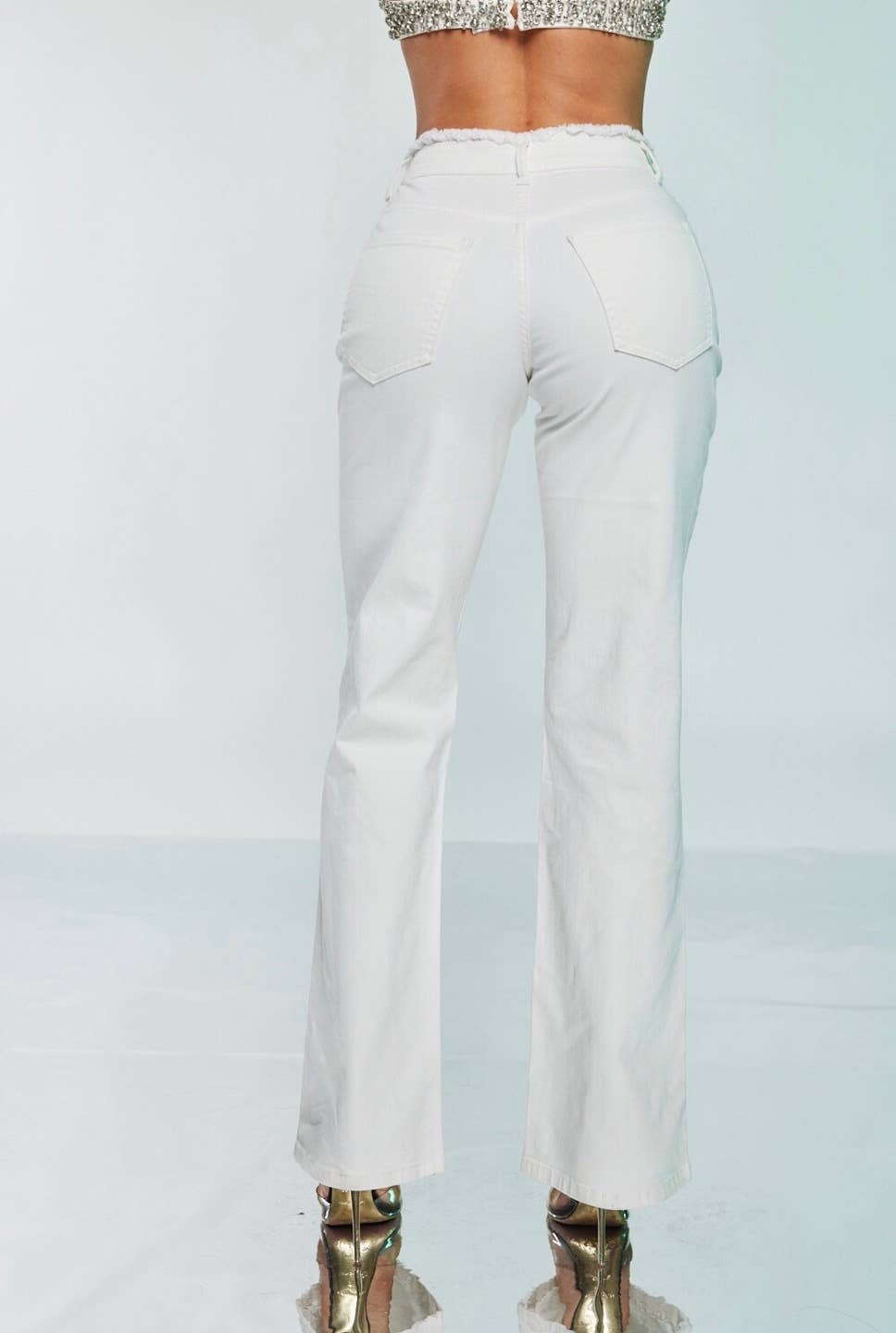 White Fringe Waist Distressed High - Rise Jeans - She Rare