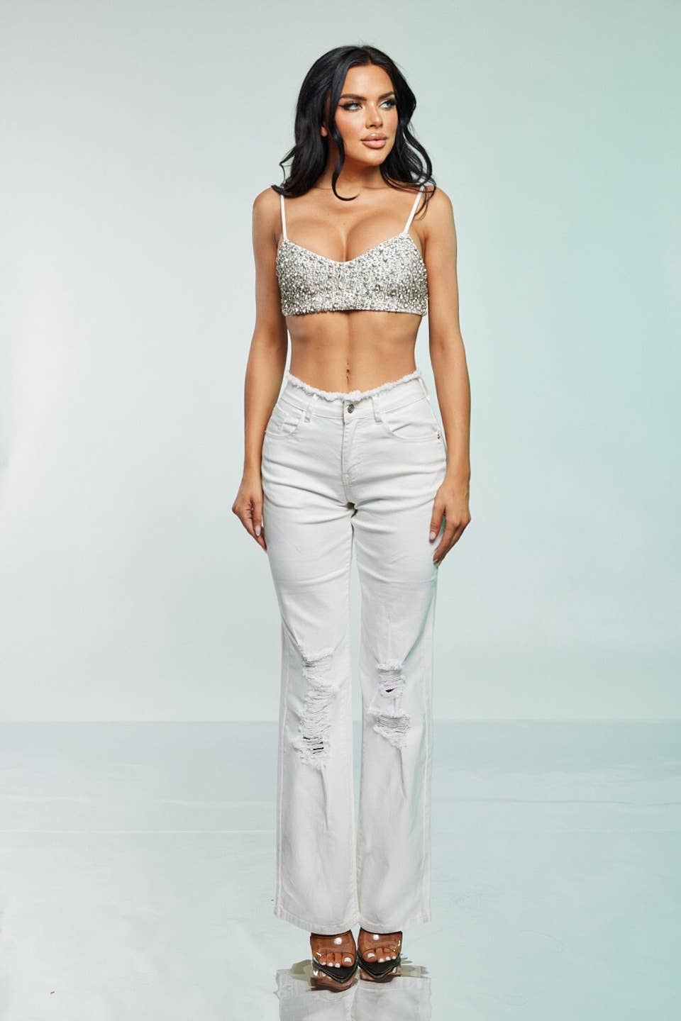 White Fringe Waist Distressed High - Rise Jeans - She Rare