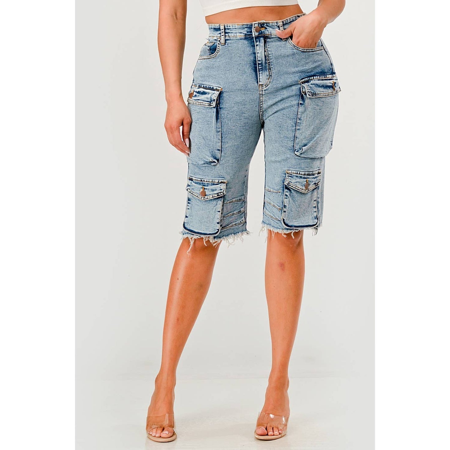 Light Wash Stretch Cargo Denim Shorts - She Rare