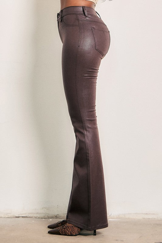 Brown Sugar Coated Boot Cut Jeans side view showing the high rise and long 34 inch inseam over heels