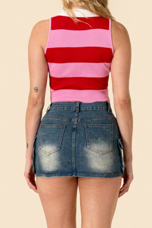 Back view Cherry Pop stripe crop tank pink color block striped crop top from She Rare Boutique
