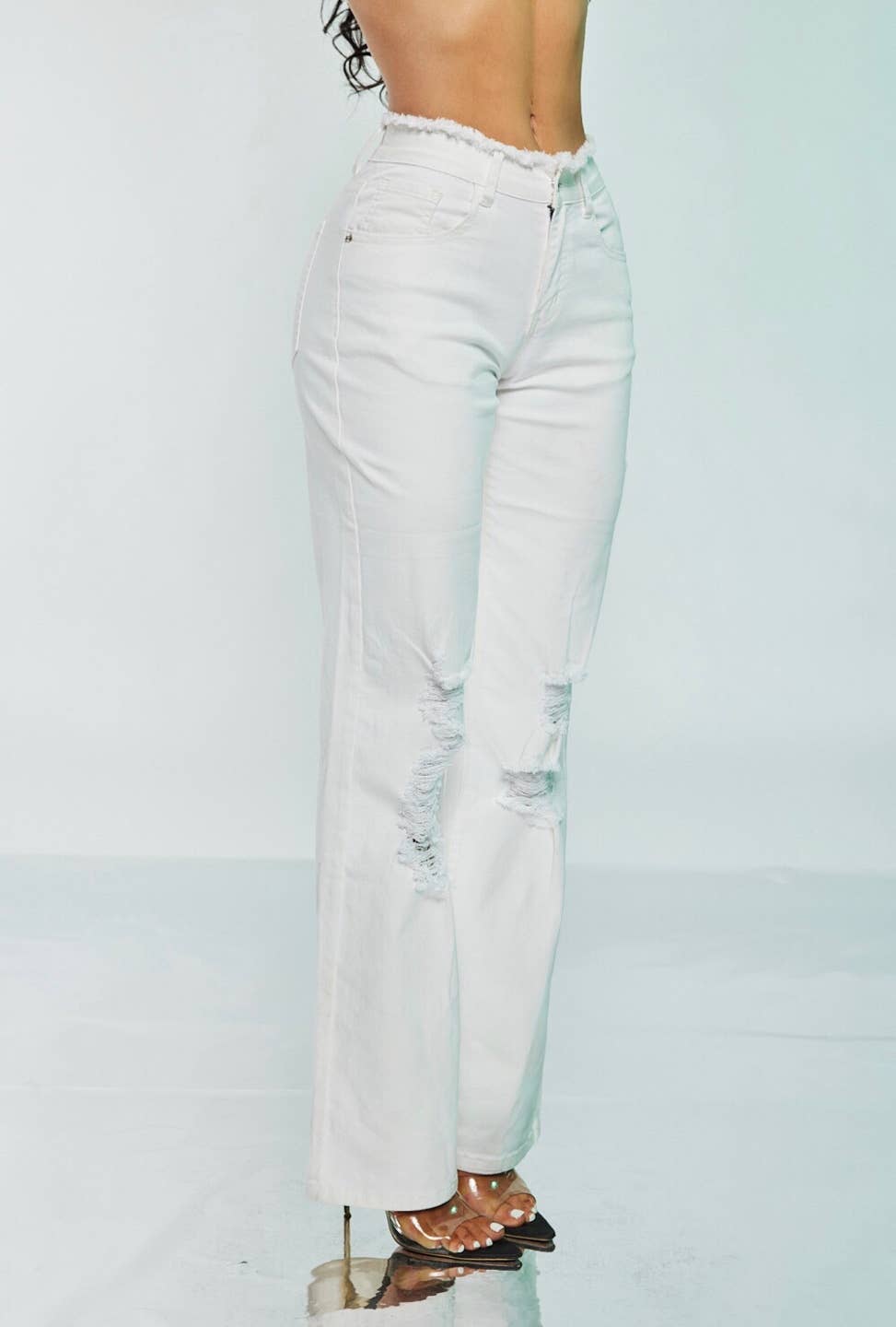 White Fringe Waist Distressed High - Rise Jeans - She Rare