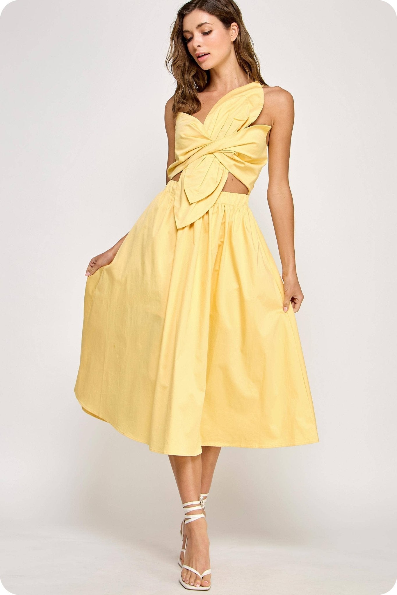 Sunny Days One - Shoulder Bow Midi Dress - She Rare