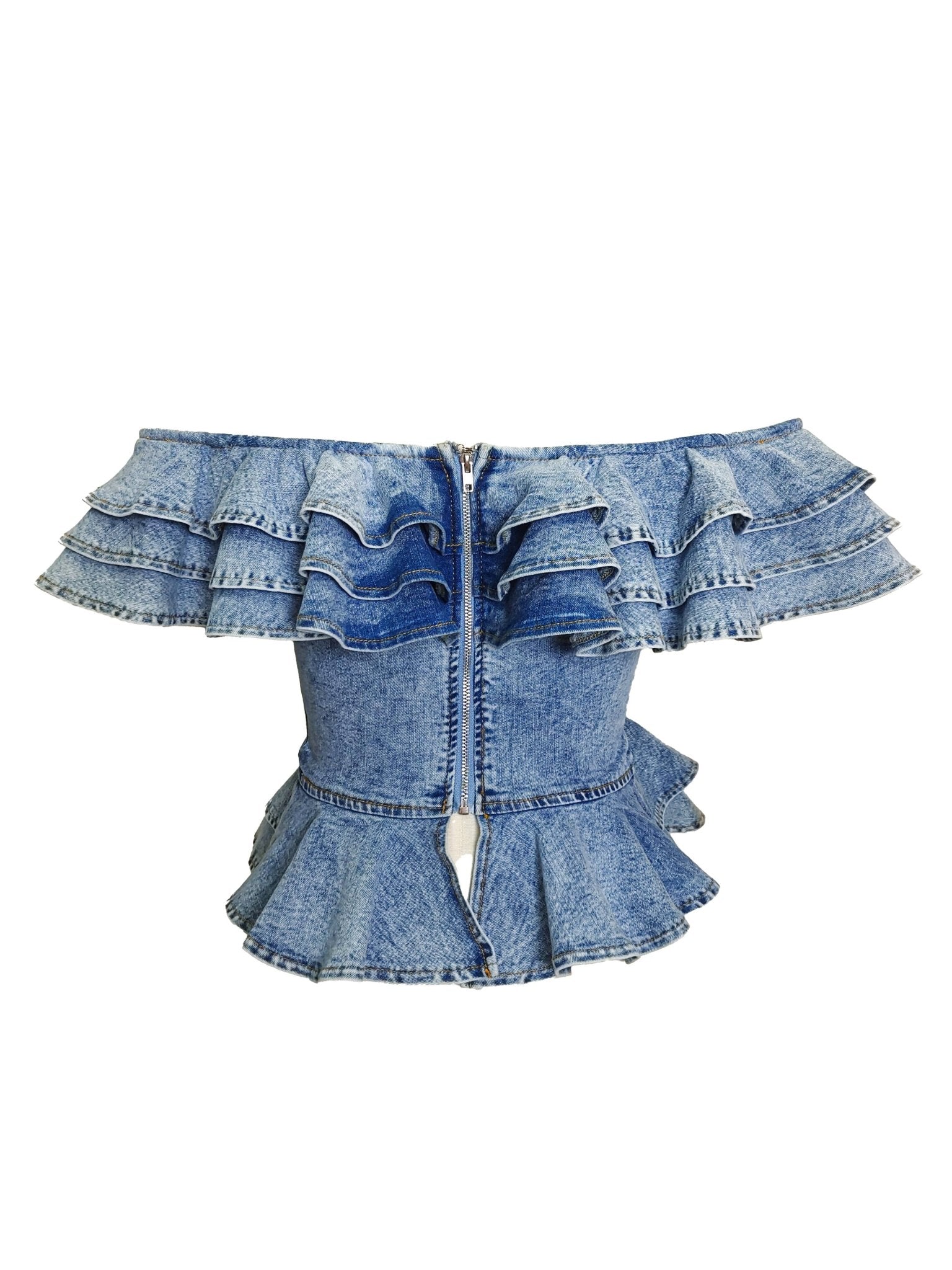 Off Shoulder Ruffle Denim Corset Top - She Rare Boutique