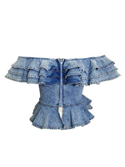 Off Shoulder Ruffle Denim Corset Top - She Rare Boutique
