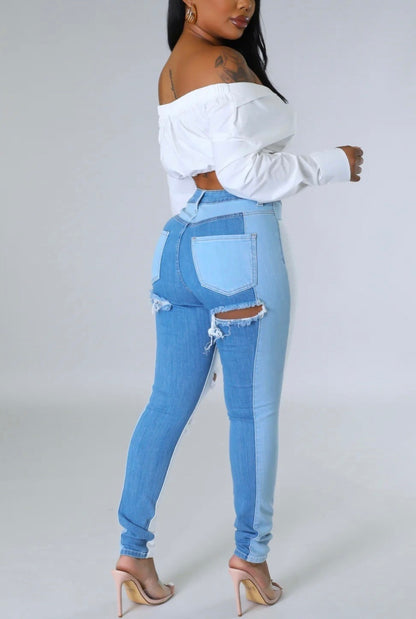 Color Block Denim Skinny Jeans - She Rare
