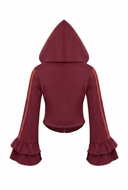 Burgundy Ruffle Two-Piece Set - ruffle bell-sleeve jacket, back view