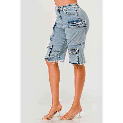 Light Wash Stretch Cargo Denim Shorts - She Rare