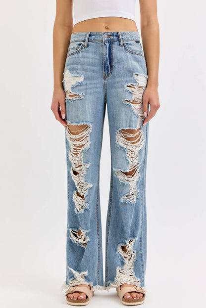 Run The Streets Distressed Wide Leg Jeans - She Rare Boutique