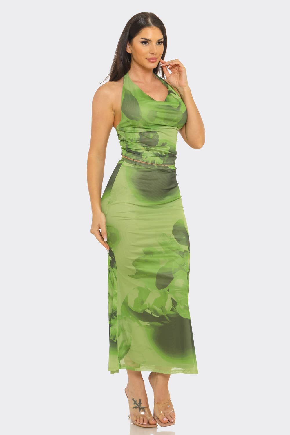 Olive Bloom Mesh Skirt Set - She Rare Boutique