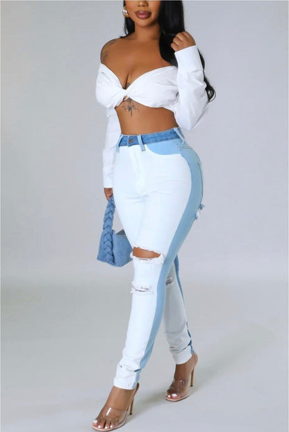 Color Block Denim Skinny Jeans - She Rare