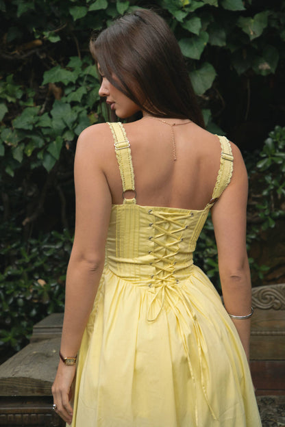 Back view honey lace corset maxi dress with lace-up corset detail from She Rare Boutique