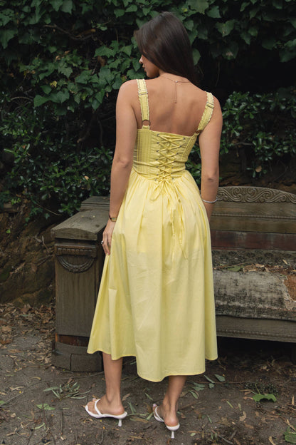 Back view honey lace corset maxi dress with lace-up corset back detail from She Rare Boutique