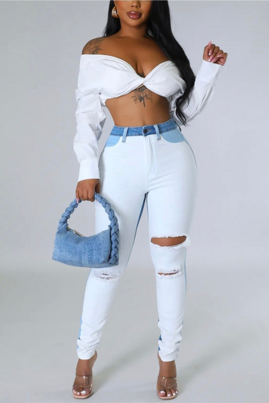 Color Block Denim Skinny Jeans - She Rare