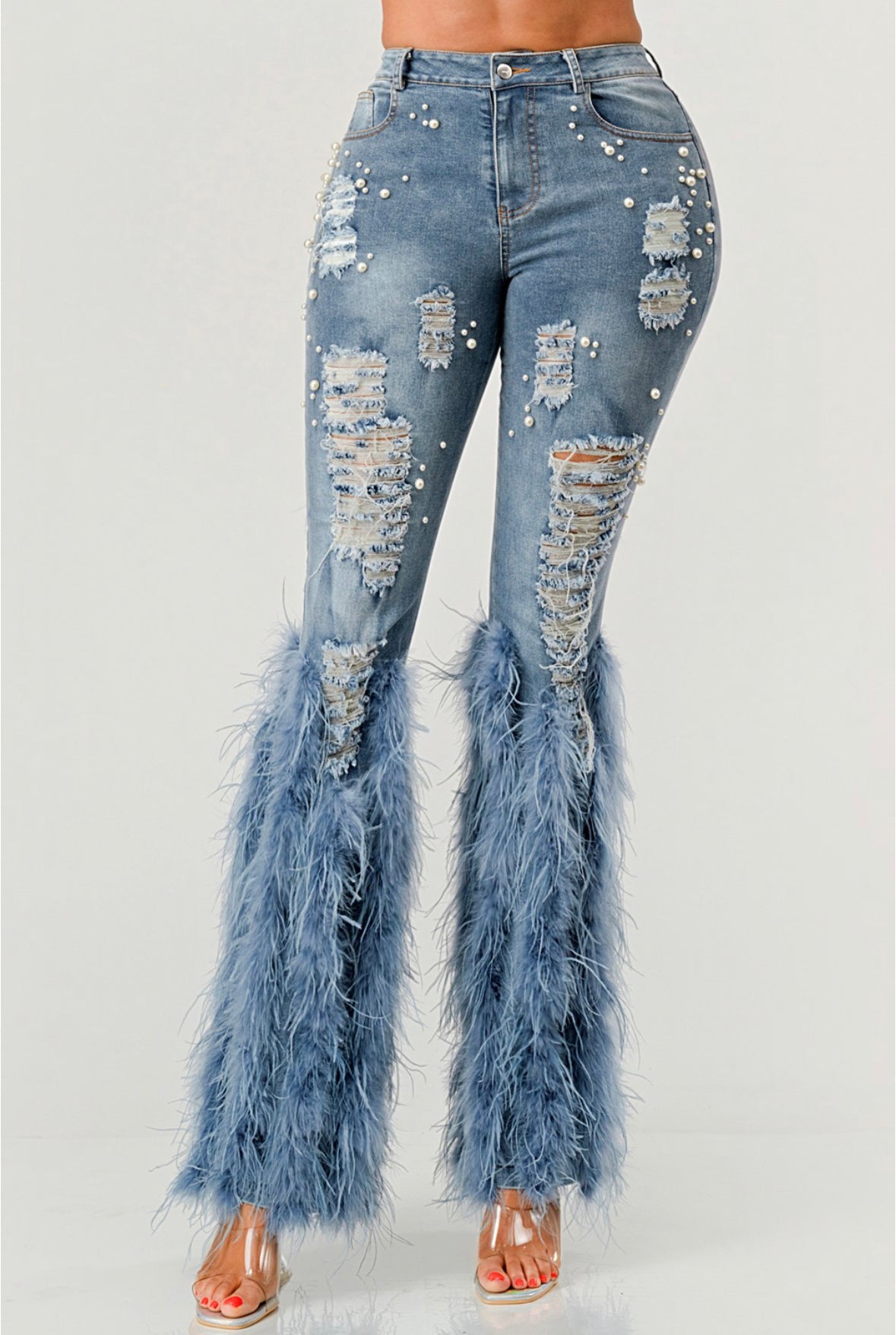 Pearl Embellished Feather Detail Jeans