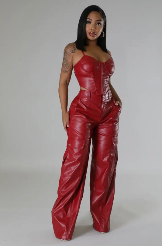 Red Hollywood Faux Leather Pants Set