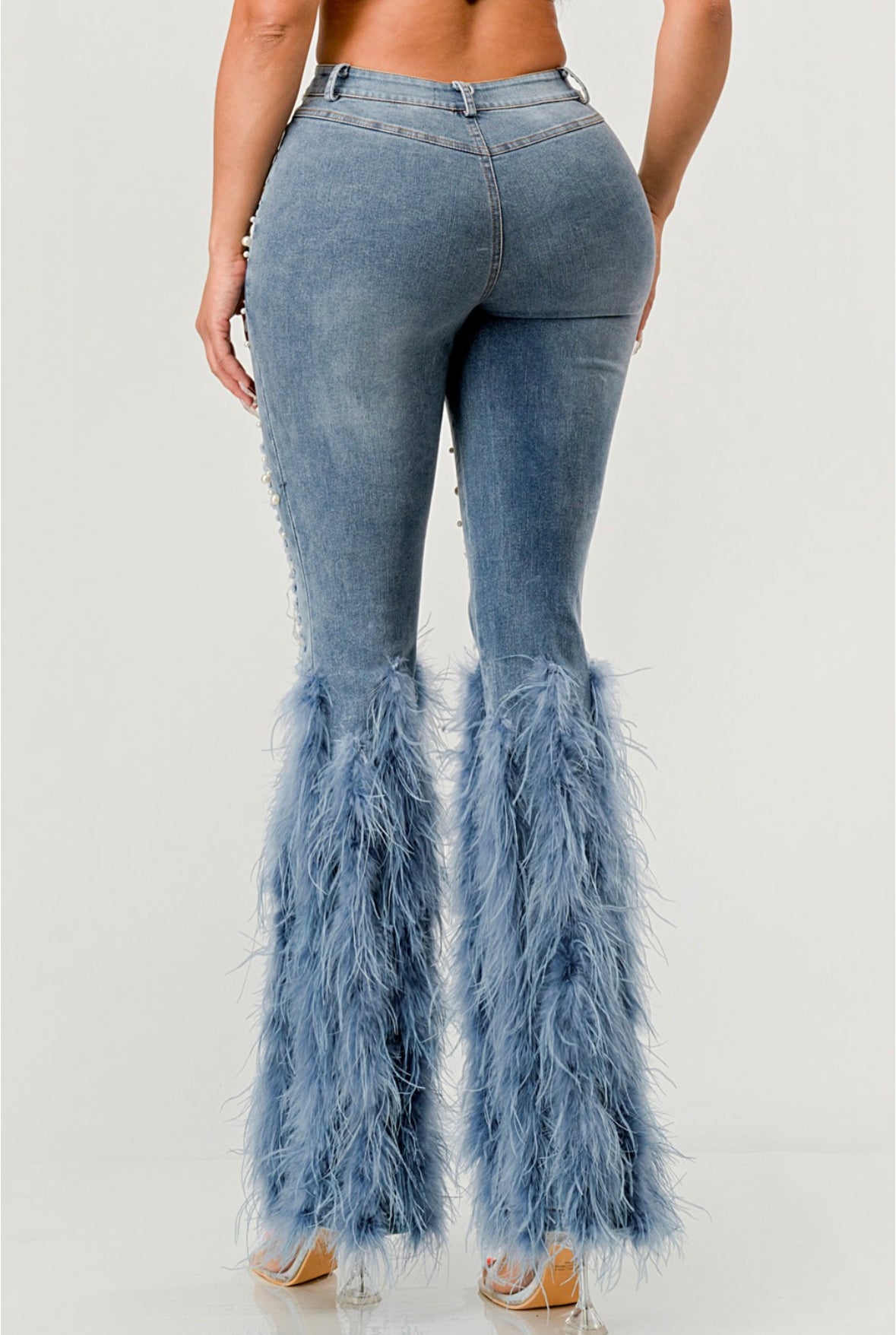 Pearl Embellished Feather Detail Jeans