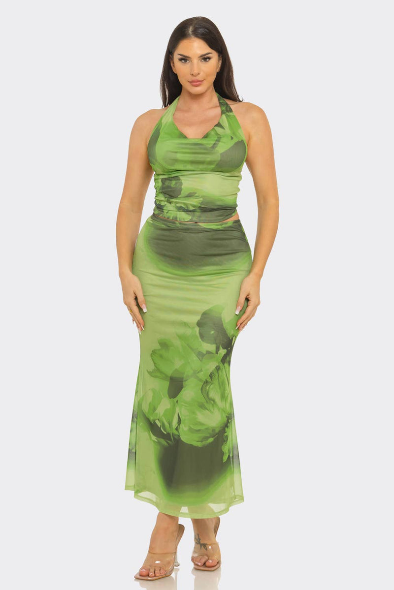 Olive Bloom Mesh Skirt Set - She Rare Boutique