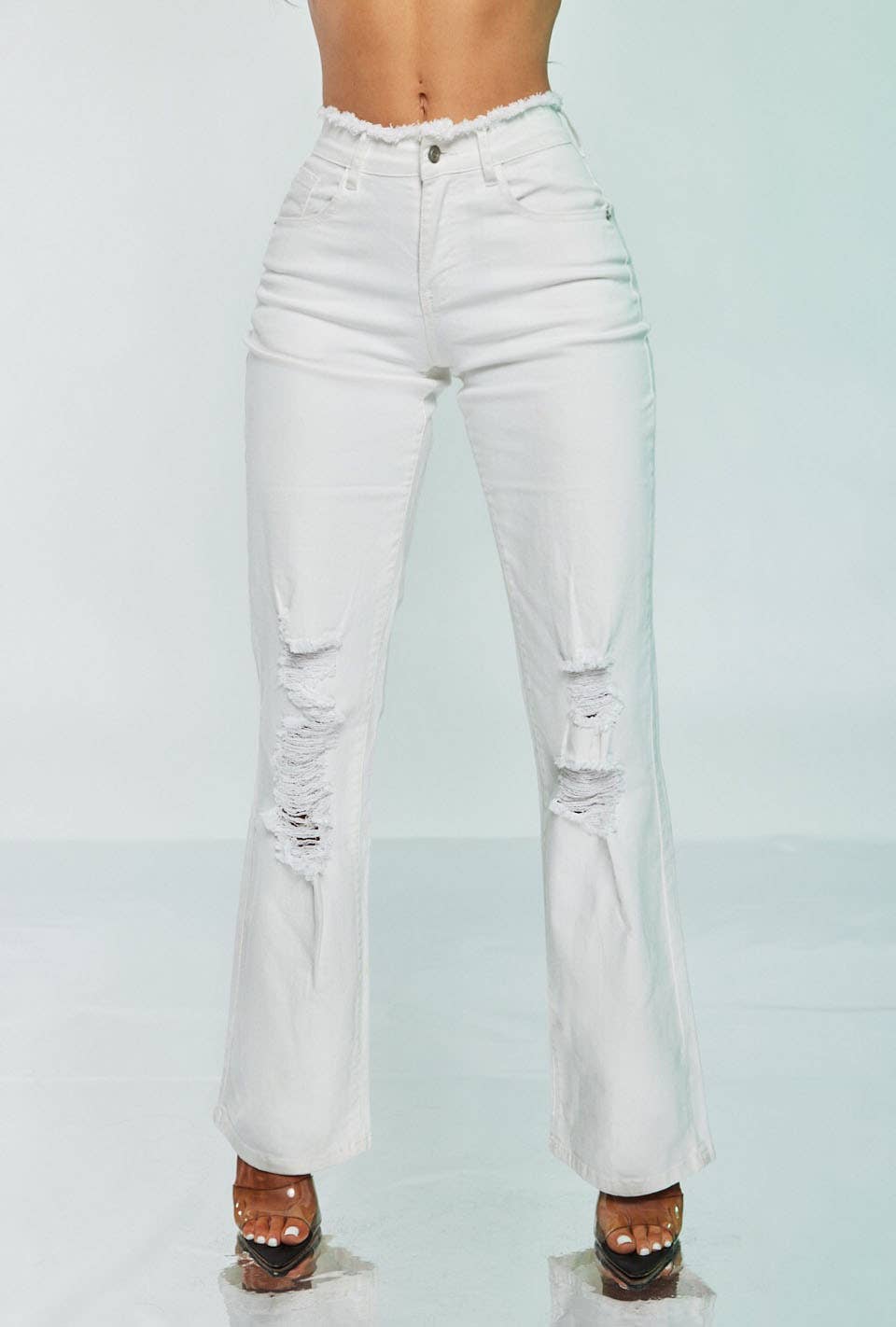 White Fringe Waist Distressed High - Rise Jeans - She Rare
