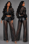 Model wearing the After Dark Black Organza Pant Set, front and back views