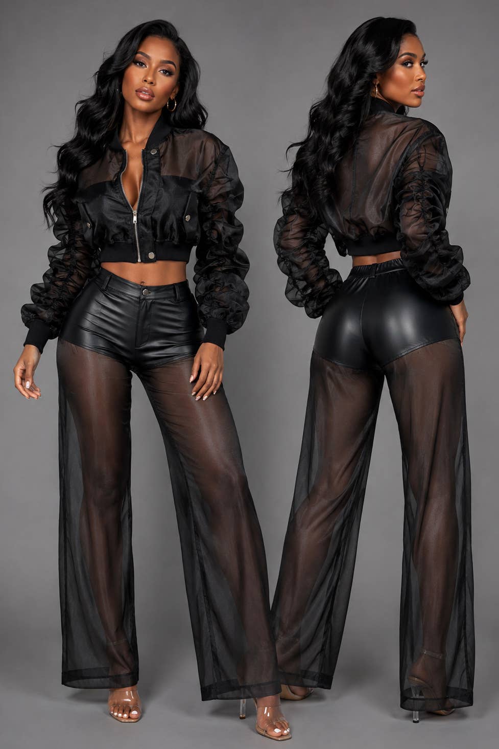 Model wearing the After Dark Black Organza Pant Set, front and back views