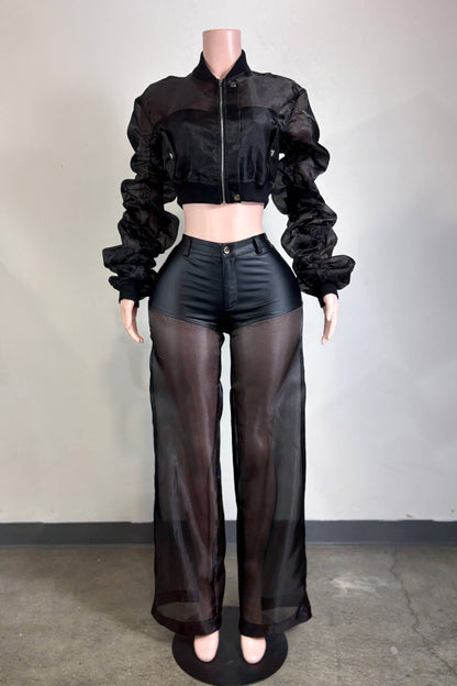 Full front view of the black organza jacket and wide-leg pant set