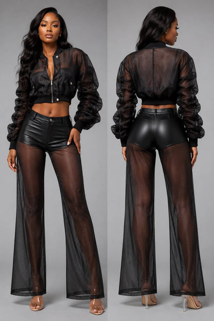 Model fit view of the sheer black organza jacket and pant set
