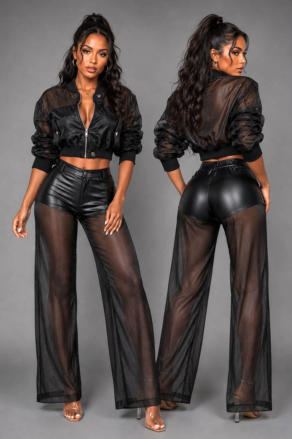 Side and back styling view of the After Dark Black Organza Pant Set