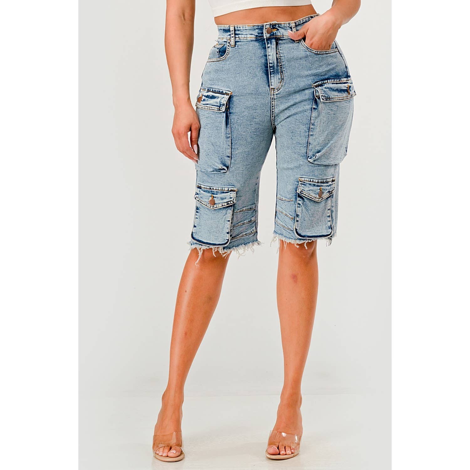 Light Wash Stretch Cargo Denim Shorts - She Rare