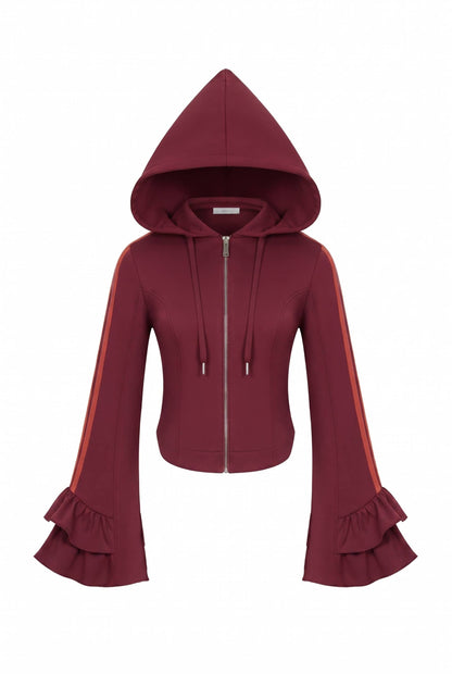 Burgundy Ruffle Two-Piece Set - ruffle bell-sleeve jacket, front view
