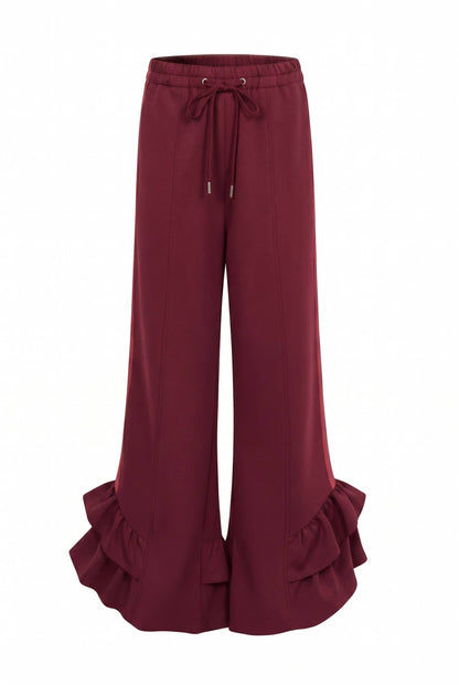 Burgundy Ruffle Two-Piece Set - ruffle hem wide-leg pants, front view