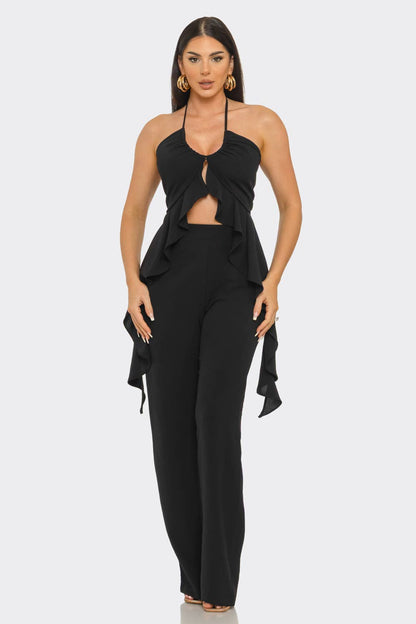 Black halter drape pant set from She Rare Boutique