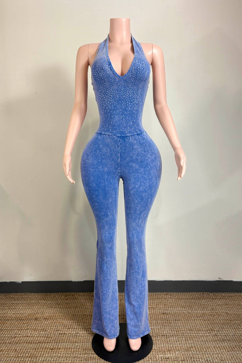 Blue Mineral Wash Stud Detail Jumpsuit - She Rare Boutique