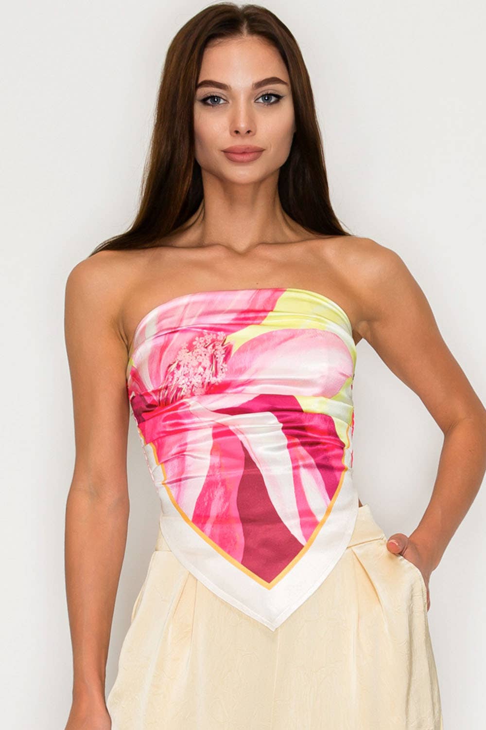 Floral scarf print detail on Blush Petal strapless tube top from She Rare Boutique