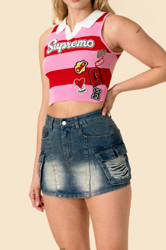 Cherry Pop stripe crop tank by She Rare Boutique pink color block striped crop top with graphic patches