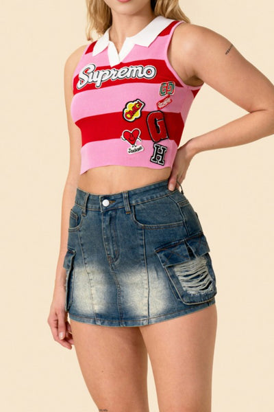 Cherry Pop stripe crop tank by She Rare Boutique pink color block striped crop top with graphic patches