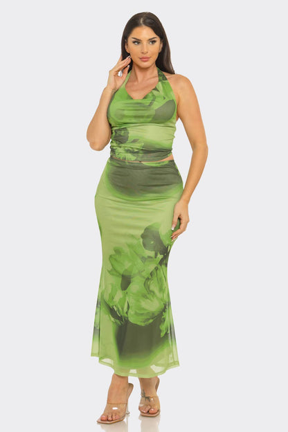 Olive Bloom Mesh Skirt Set - She Rare Boutique