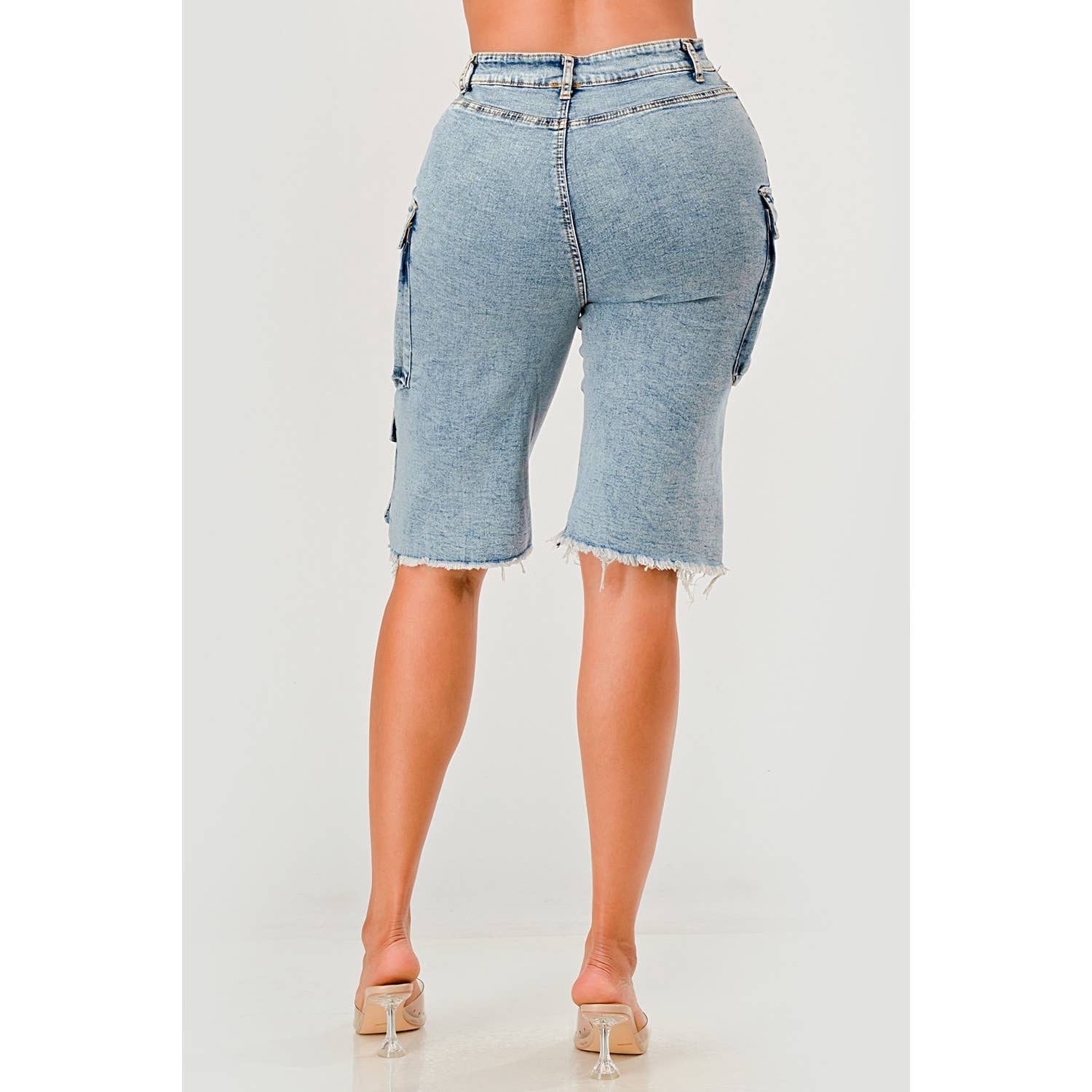 Light Wash Stretch Cargo Denim Shorts - She Rare