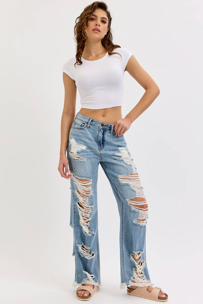 Run The Streets Distressed Wide Leg Jeans - She Rare Boutique