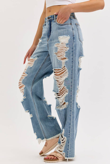 Run The Streets Distressed Wide Leg Jeans - She Rare Boutique