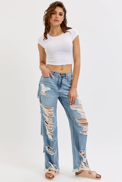Run The Streets Distressed Wide Leg Jeans - She Rare Boutique