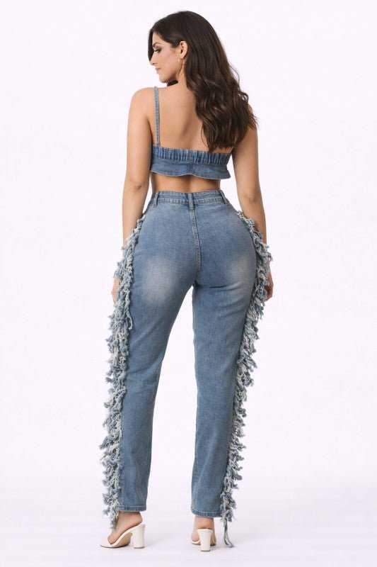 Fringe Ripped Denim Jumpsuit - She Rare Boutique