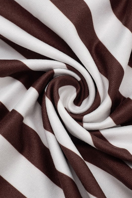 Grand Entrance Top in brown back view, fitted striped body with wide cape sleeves