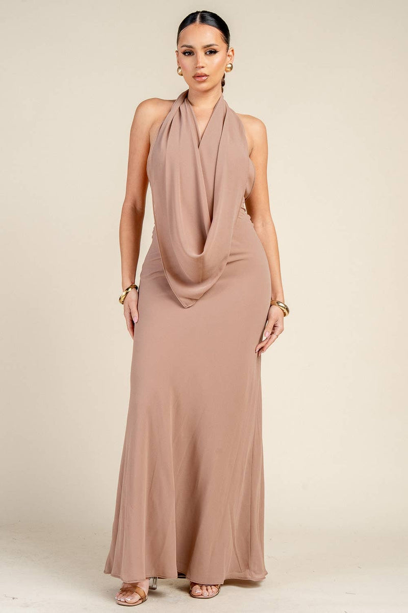 Halter Drape Maxi Dress - Nude - She Rare Boutique