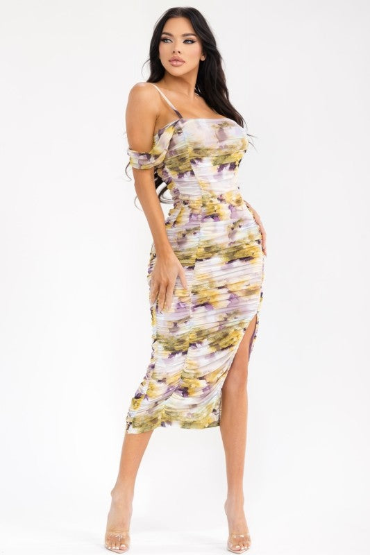 Floral Ruched Off-Shoulder Midi Dress