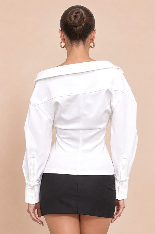 Main Character Puff Sleeve Top back view, white wide fold-over collar, puff sleeves and seamed fitted waist
