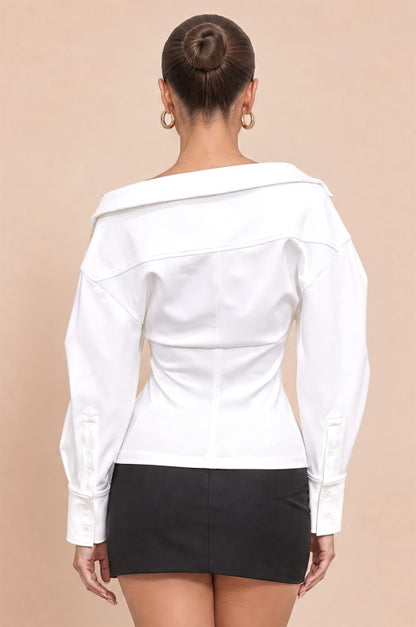 Main Character Puff Sleeve Top back view, white wide fold-over collar, puff sleeves and seamed fitted waist