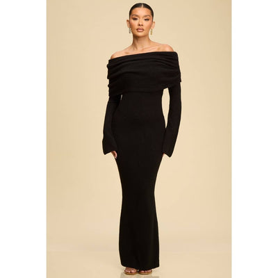Noir Off-Shoulder Knit Sweater Dress - She Rare Boutique