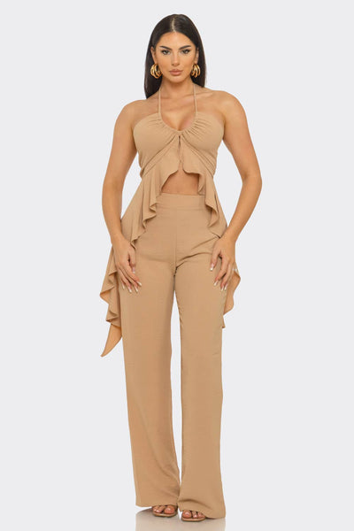 Nude halter drape pant set from She Rare Boutique